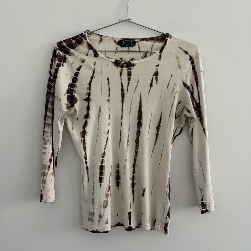 Tryst by Mathew Brown Tie Dye Long Sleeve Ribbed Top Cream Brown Size Medium